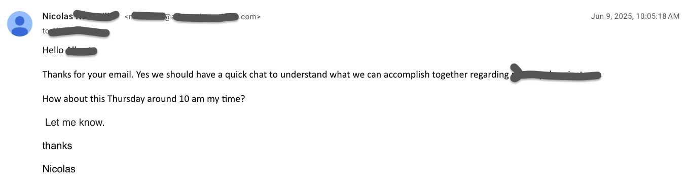 Email reply: Yes we should have a quick chat - how about Thursday around 10am
